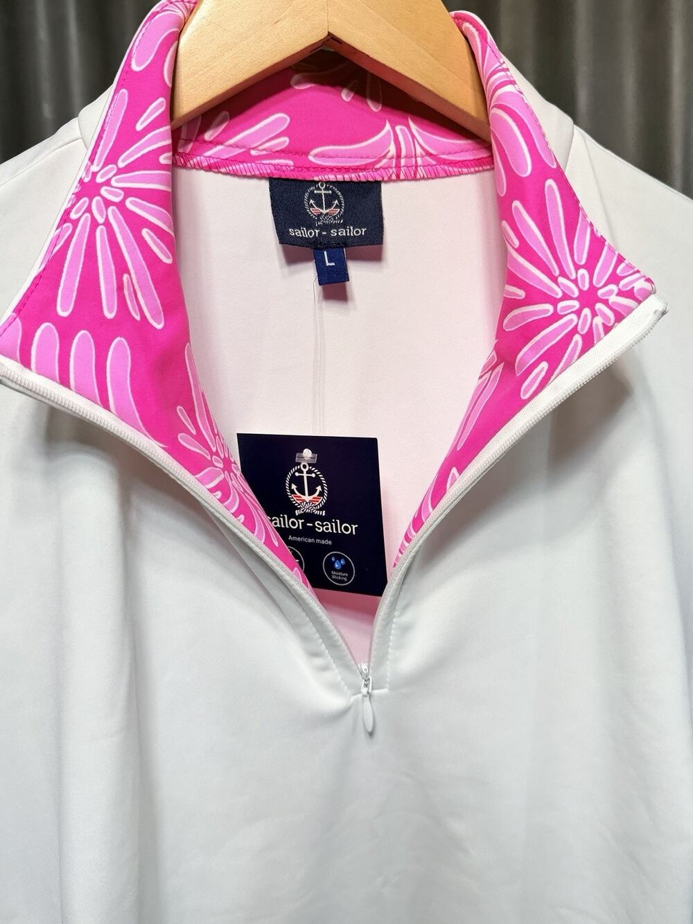 NWT Sailor Sailor Britt Golf Polo Top L White Pink Montauk Daisy Tennis Shirt